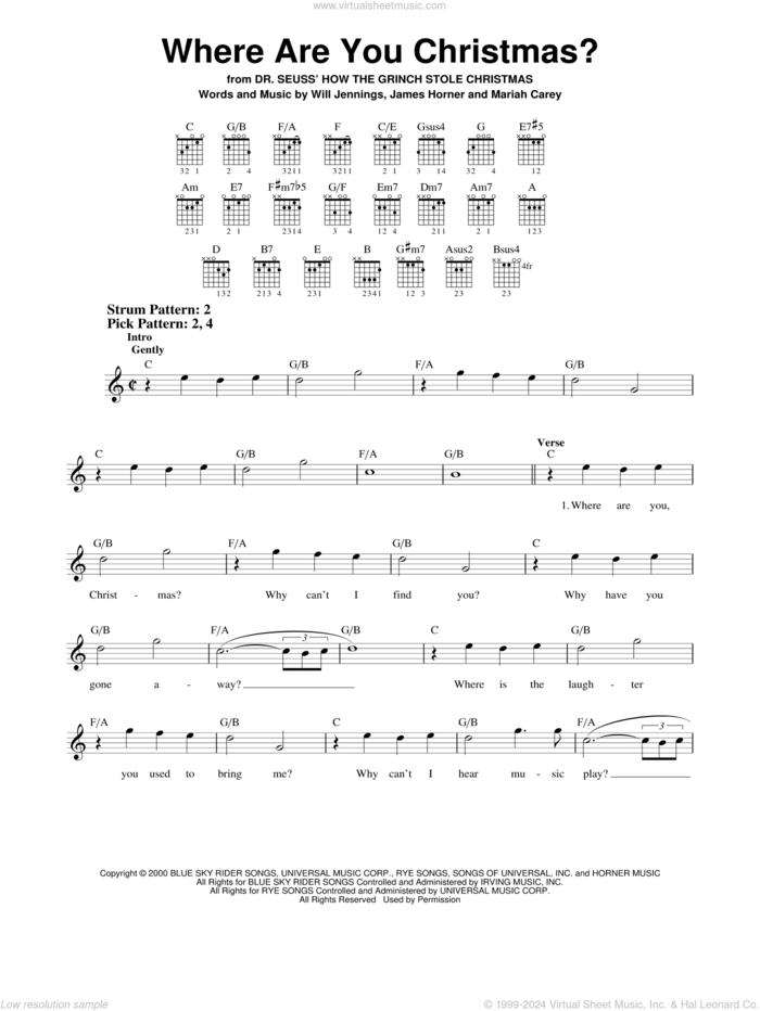 Where Are You Christmas? (from How The Grinch Stole Christmas) sheet music for guitar solo (chords) by Faith Hill, James Horner, Mariah Carey and Will Jennings, easy guitar (chords)