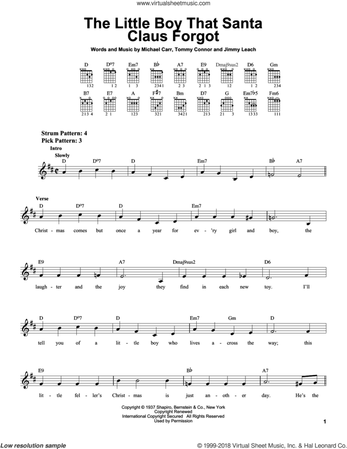 The Little Boy That Santa Claus Forgot sheet music for guitar solo (chords) by Michael Carr, Jimmy Leach and Tommie Connor, easy guitar (chords)