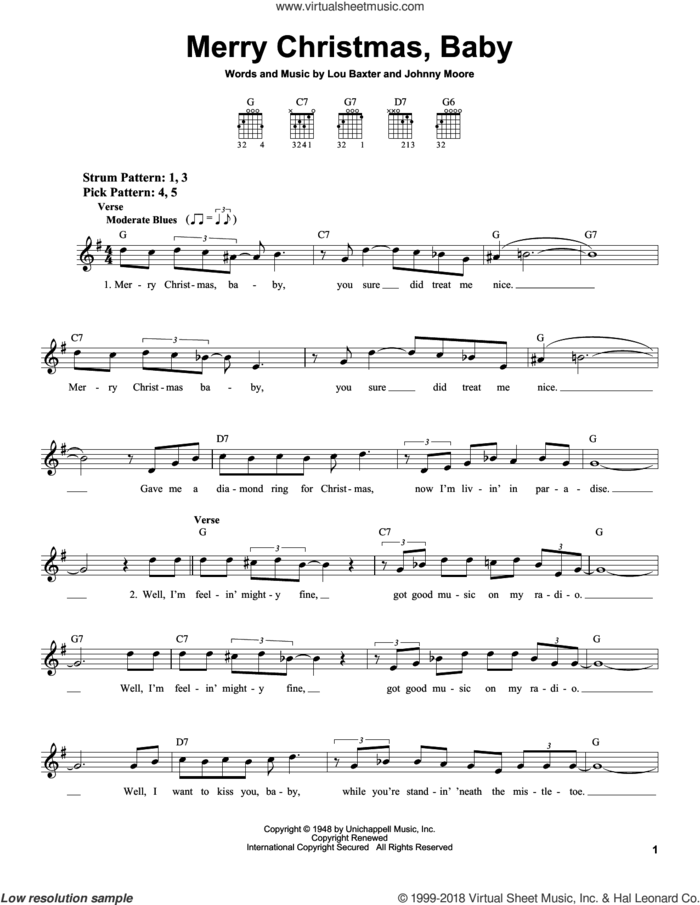 Merry Christmas, Baby sheet music for guitar solo (chords) by Elvis Presley, Johnny Moore and Lou Baxter, easy guitar (chords)