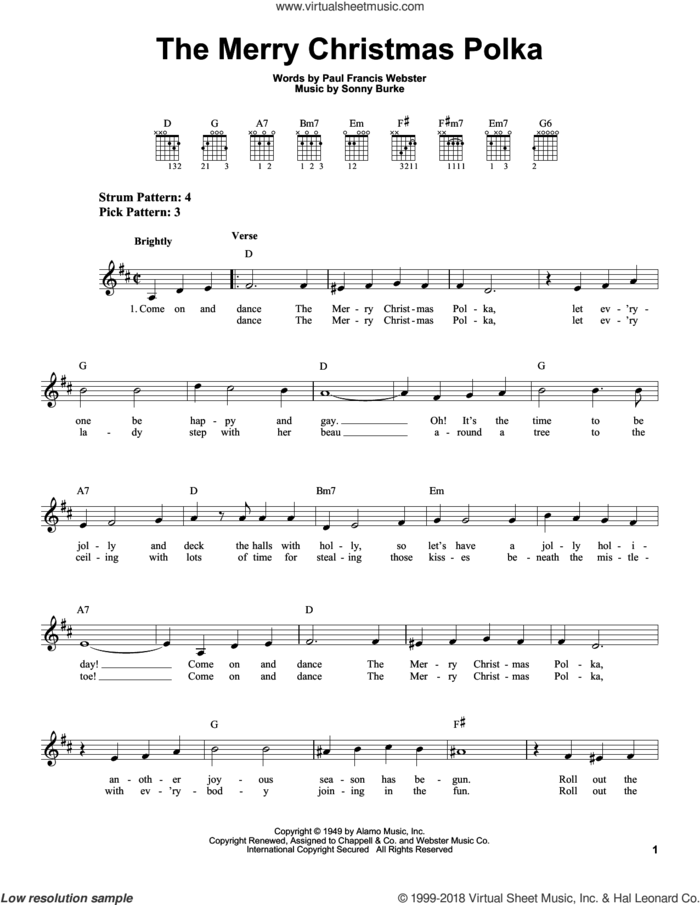 The Merry Christmas Polka sheet music for guitar solo (chords) by Paul Francis Webster and Sonny Burke, easy guitar (chords)