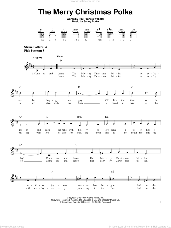 The Merry Christmas Polka sheet music for guitar solo (chords) by Paul Francis Webster and Sonny Burke, easy guitar (chords)