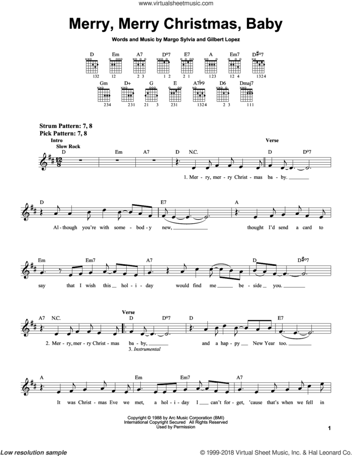 Merry, Merry Christmas, Baby sheet music for guitar solo (chords) by Margo Sylvia and Gilbert Lopez, easy guitar (chords)