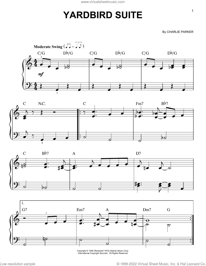 Yardbird Suite, (beginner) sheet music for piano solo by Charlie Parker, beginner skill level