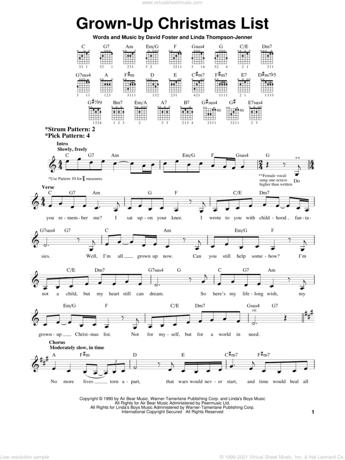 Grown-Up Christmas List sheet music for guitar solo (chords) by Amy Grant, David Foster and Linda Thompson-Jenner, easy guitar (chords)