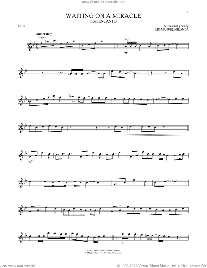 Waiting On A Miracle (from Encanto) sheet music for flute solo by Lin-Manuel Miranda and Stephanie Beatriz, intermediate skill level