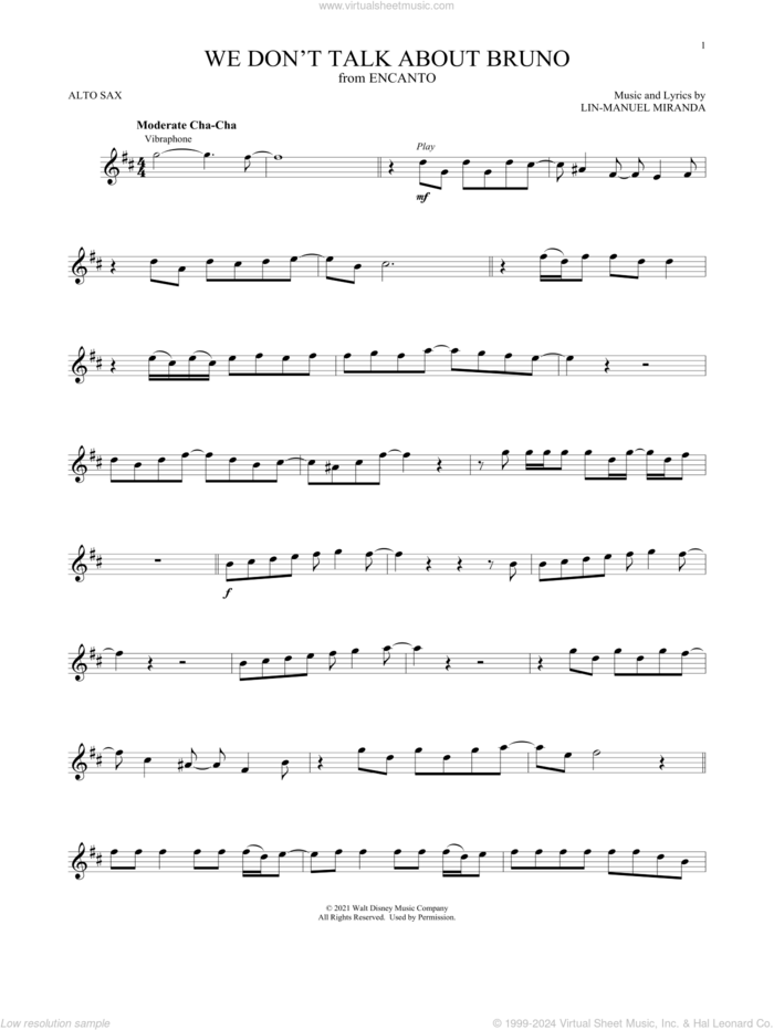 We Don't Talk About Bruno (from Encanto) sheet music for alto saxophone solo by Lin-Manuel Miranda and Carolina Gaitan, Mauro Castillo, Adassa, Rhenzy, intermediate skill level