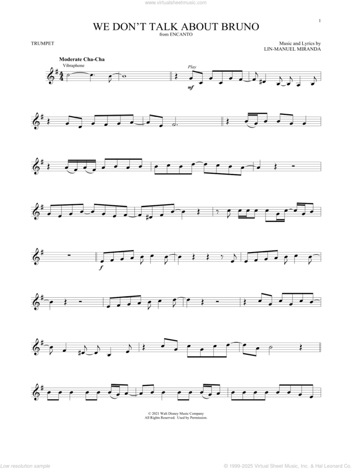 We Don't Talk About Bruno (from Encanto) sheet music for trumpet solo by Lin-Manuel Miranda and Carolina Gaitan, Mauro Castillo, Adassa, Rhenzy, intermediate skill level