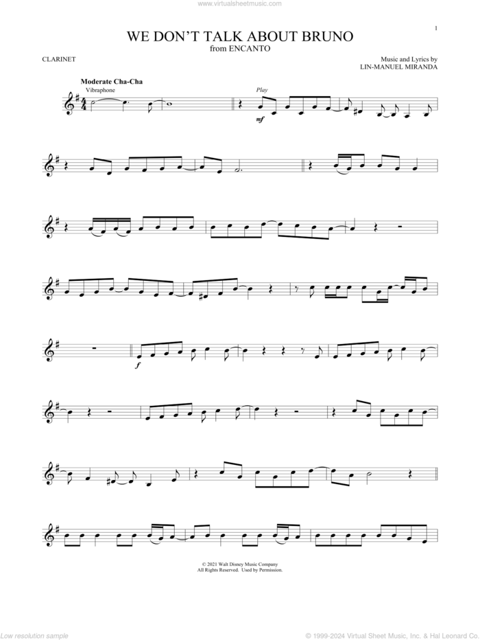 We Don't Talk About Bruno (from Encanto) sheet music for clarinet solo by Lin-Manuel Miranda and Carolina Gaitan, Mauro Castillo, Adassa, Rhenzy, intermediate skill level