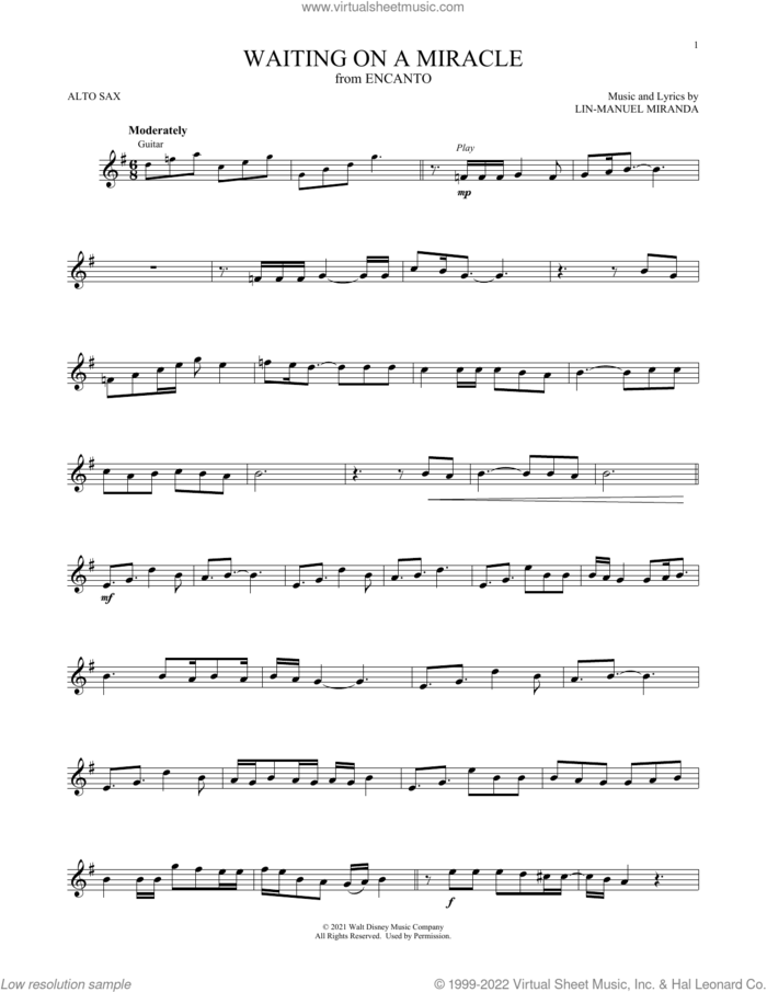 Waiting On A Miracle (from Encanto) sheet music for alto saxophone solo by Lin-Manuel Miranda and Stephanie Beatriz, intermediate skill level