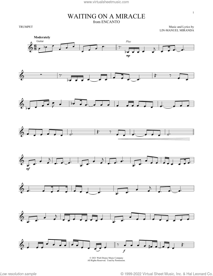 Waiting On A Miracle (from Encanto) sheet music for trumpet solo by Lin-Manuel Miranda and Stephanie Beatriz, intermediate skill level
