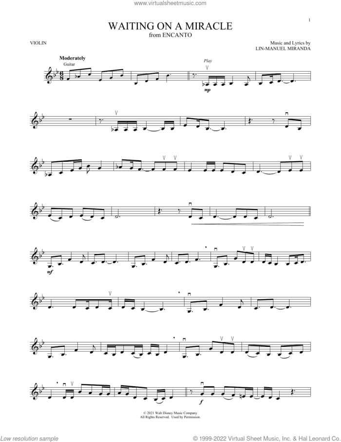 Waiting On A Miracle (from Encanto) sheet music for violin solo by Lin-Manuel Miranda and Stephanie Beatriz, intermediate skill level