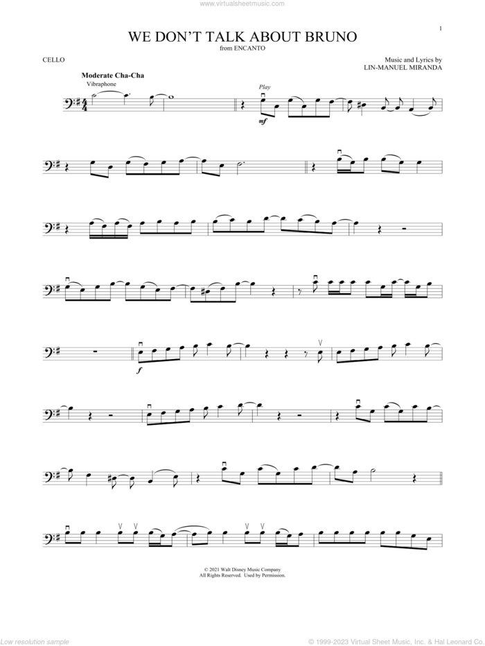 We Don't Talk About Bruno (from Encanto) sheet music for cello solo by Lin-Manuel Miranda and Carolina Gaitan, Mauro Castillo, Adassa, Rhenzy, intermediate skill level