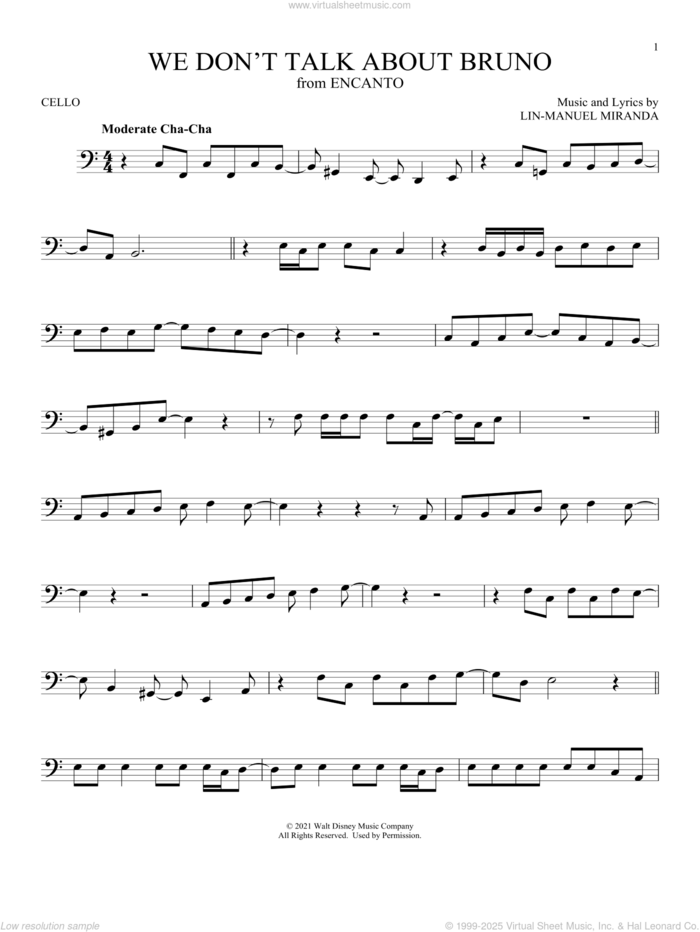 We Don't Talk About Bruno (from Encanto) sheet music for cello solo by Lin-Manuel Miranda and Carolina Gaitan, Mauro Castillo, Adassa, Rhenzy, intermediate skill level