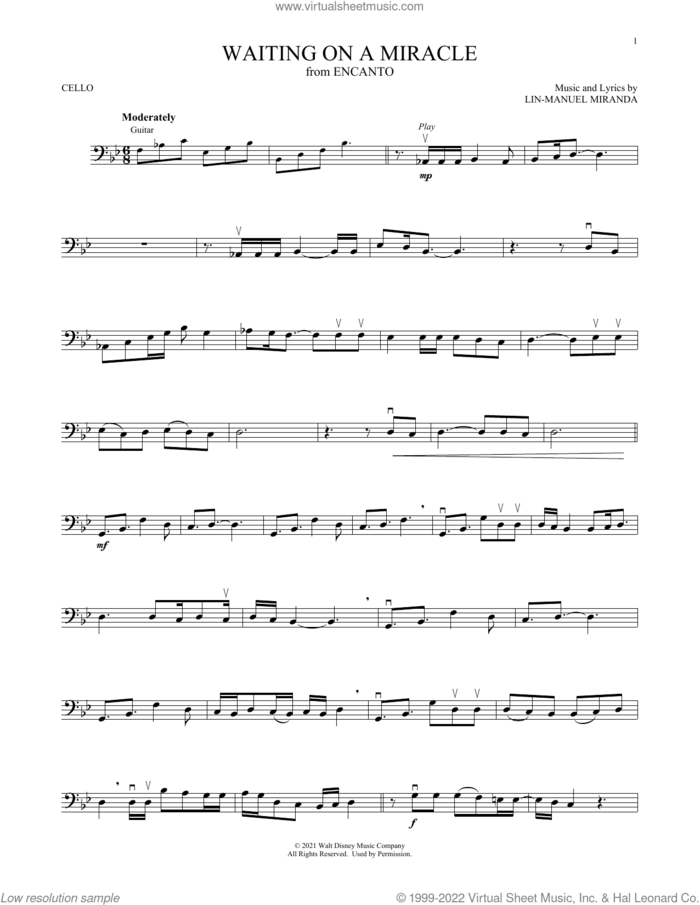 Waiting On A Miracle (from Encanto) sheet music for cello solo by Lin-Manuel Miranda and Stephanie Beatriz, intermediate skill level