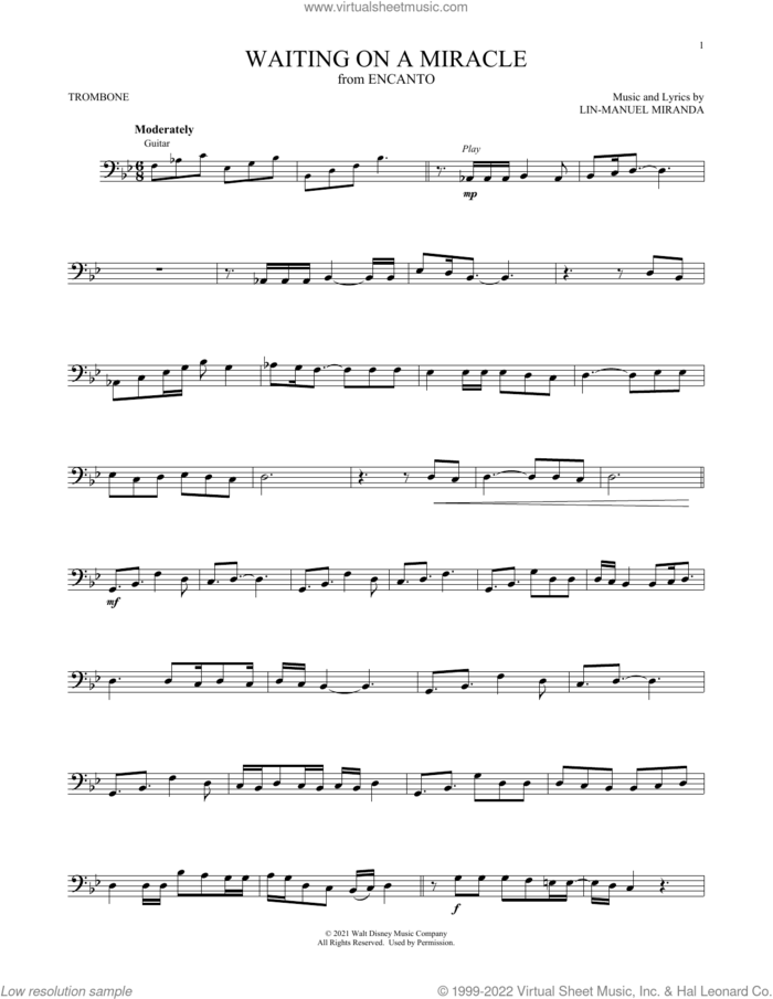 Waiting On A Miracle (from Encanto) sheet music for trombone solo by Lin-Manuel Miranda and Stephanie Beatriz, intermediate skill level