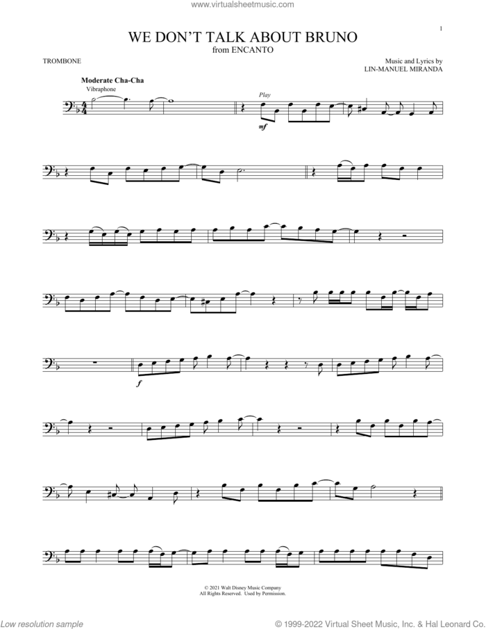 We Don't Talk About Bruno (from Encanto) sheet music for trombone solo by Lin-Manuel Miranda and Carolina Gaitan, Mauro Castillo, Adassa, Rhenzy, intermediate skill level