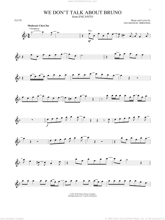 We Don't Talk About Bruno (from Encanto) sheet music for flute solo by Lin-Manuel Miranda and Carolina Gaitan, Mauro Castillo, Adassa, Rhenzy, intermediate skill level