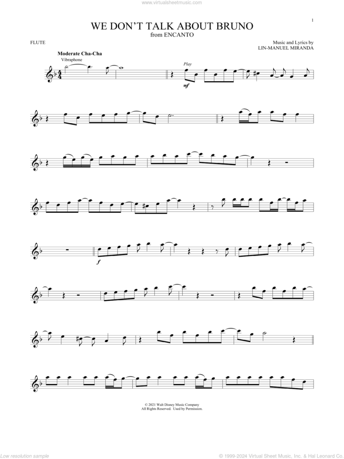 We Don't Talk About Bruno (from Encanto) sheet music for flute solo by Lin-Manuel Miranda and Carolina Gaitan, Mauro Castillo, Adassa, Rhenzy, intermediate skill level