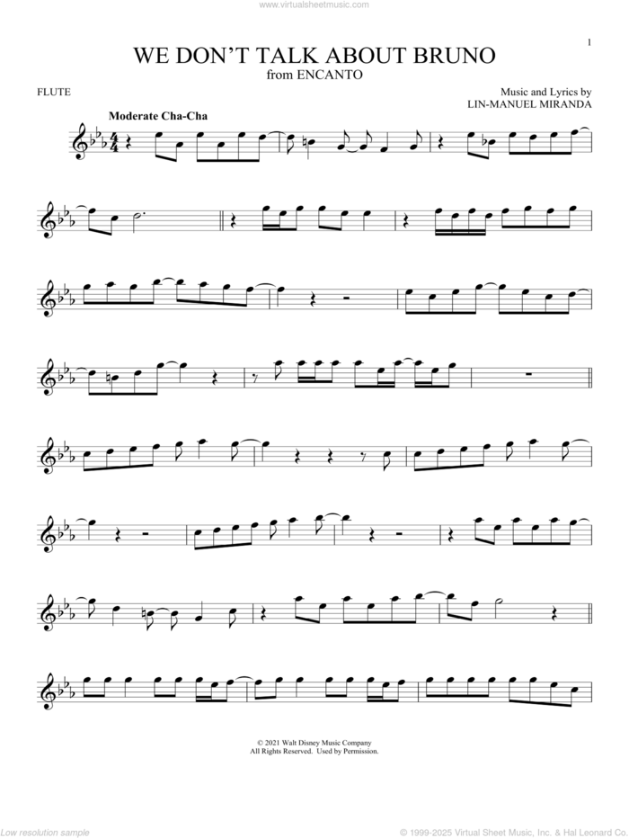 We Don't Talk About Bruno (from Encanto) sheet music for flute solo by Lin-Manuel Miranda and Carolina Gaitan, Mauro Castillo, Adassa, Rhenzy, intermediate skill level