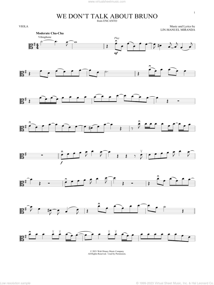 We Don't Talk About Bruno (from Encanto) sheet music for viola solo by Lin-Manuel Miranda and Carolina Gaitan, Mauro Castillo, Adassa, Rhenzy, intermediate skill level