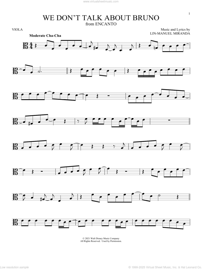 We Don't Talk About Bruno (from Encanto) sheet music for viola solo by Lin-Manuel Miranda and Carolina Gaitan, Mauro Castillo, Adassa, Rhenzy, intermediate skill level