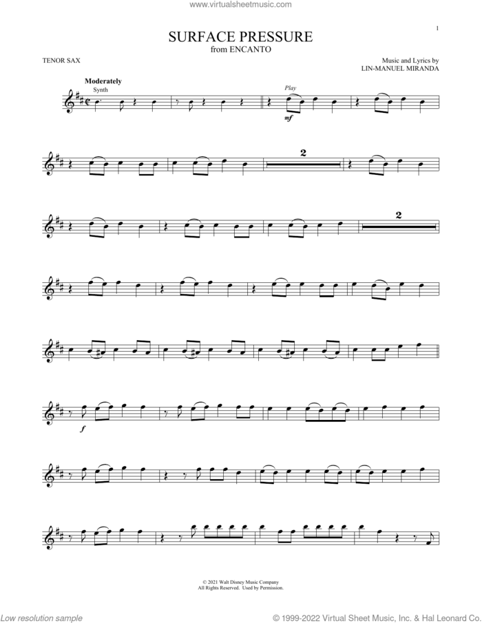 Surface Pressure (from Encanto) sheet music for tenor saxophone solo by Lin-Manuel Miranda and Jessica Darrow, intermediate skill level