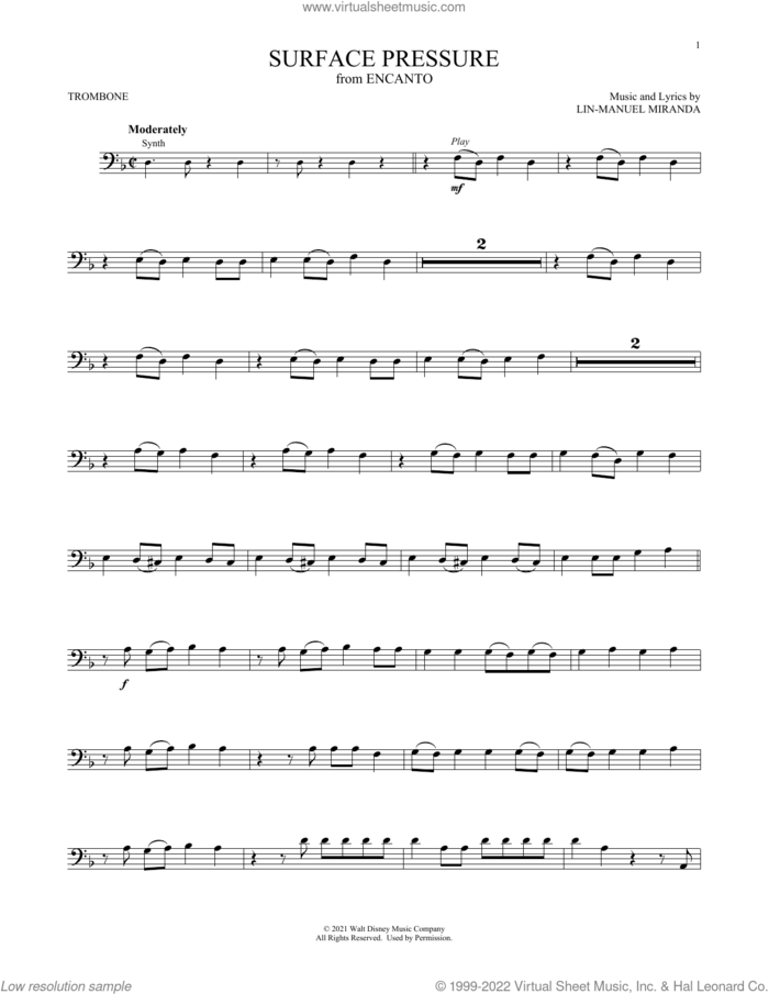 Surface Pressure (from Encanto) sheet music for trombone solo by Lin-Manuel Miranda and Jessica Darrow, intermediate skill level