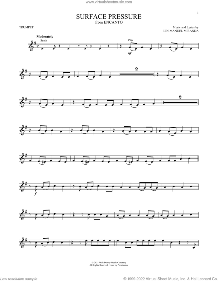 Surface Pressure (from Encanto) sheet music for trumpet solo by Lin-Manuel Miranda and Jessica Darrow, intermediate skill level