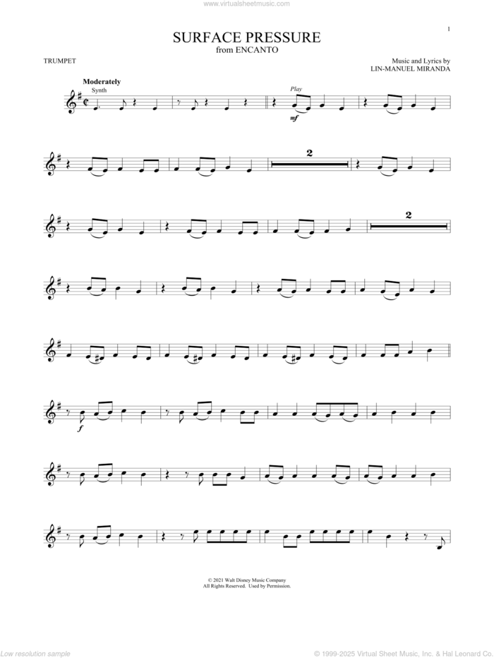 Surface Pressure (from Encanto) sheet music for trumpet solo by Lin-Manuel Miranda and Jessica Darrow, intermediate skill level