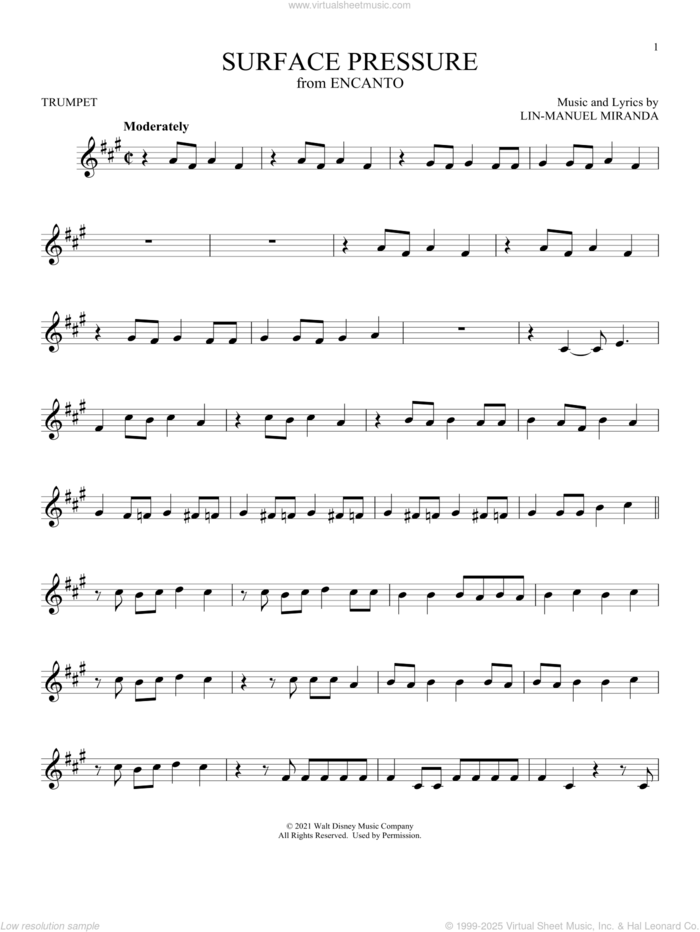 Surface Pressure (from Encanto) sheet music for trumpet solo by Lin-Manuel Miranda and Jessica Darrow, intermediate skill level