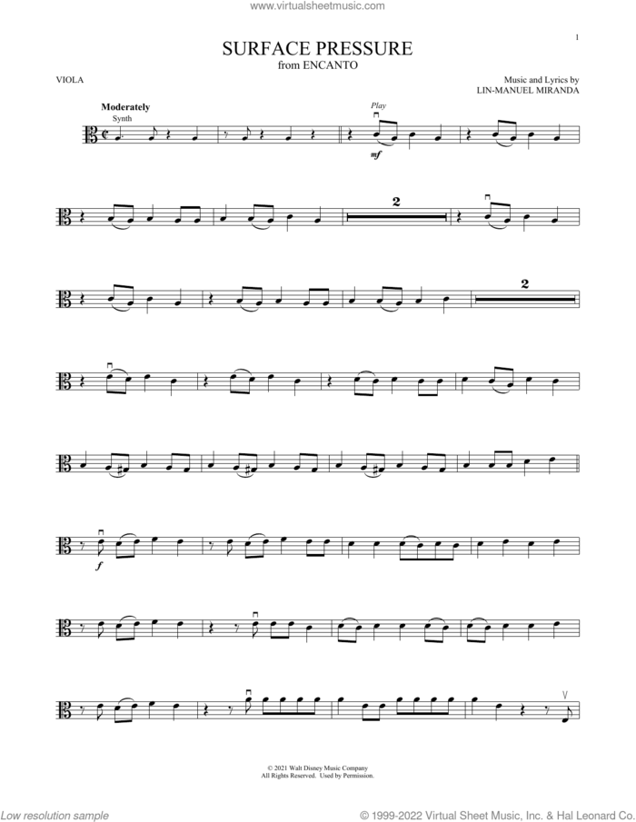 Surface Pressure (from Encanto) sheet music for viola solo by Lin-Manuel Miranda and Jessica Darrow, intermediate skill level