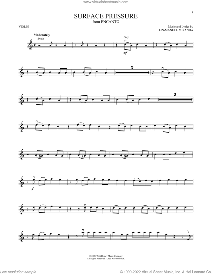 Surface Pressure (from Encanto) sheet music for violin solo by Lin-Manuel Miranda and Jessica Darrow, intermediate skill level