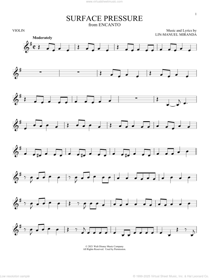 Surface Pressure (from Encanto) sheet music for violin solo by Lin-Manuel Miranda and Jessica Darrow, intermediate skill level