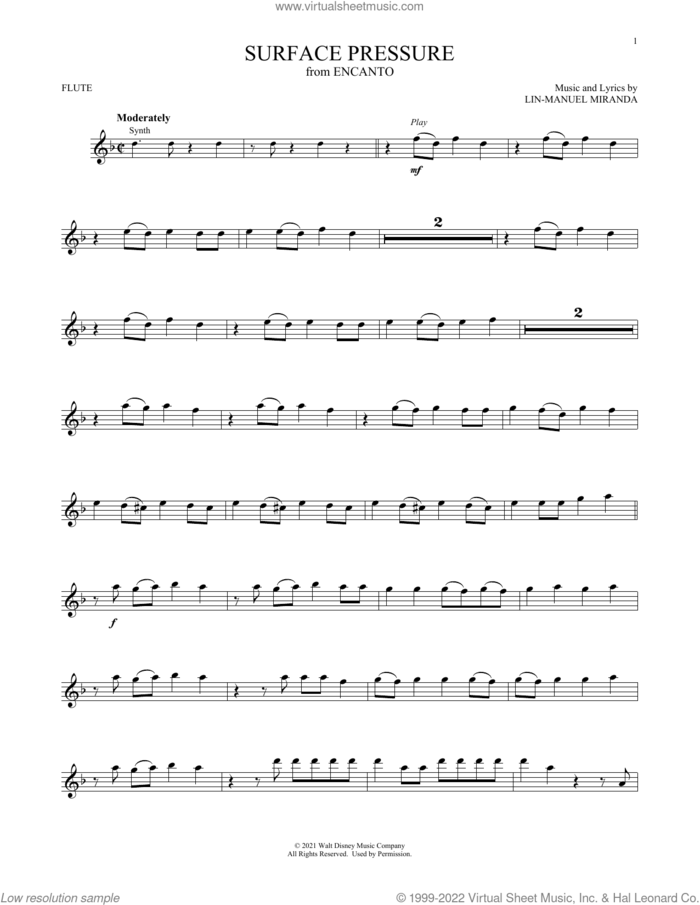 Surface Pressure (from Encanto) sheet music for flute solo by Lin-Manuel Miranda and Jessica Darrow, intermediate skill level