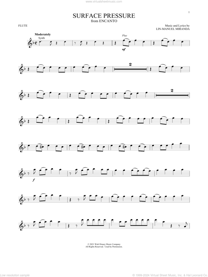 Surface Pressure (from Encanto) sheet music for flute solo by Lin-Manuel Miranda and Jessica Darrow, intermediate skill level