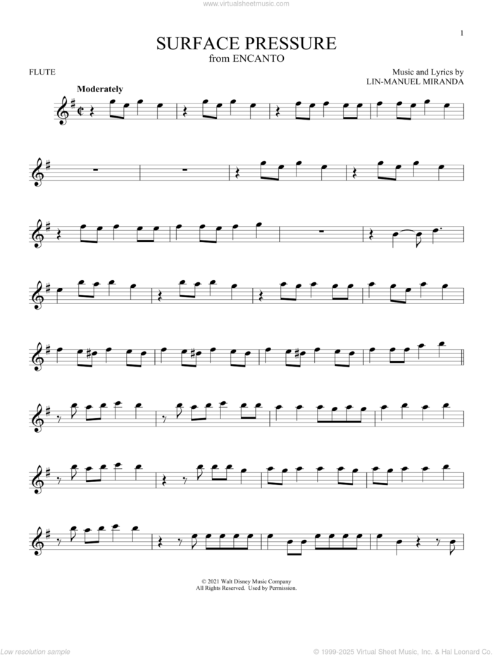 Surface Pressure (from Encanto) sheet music for flute solo by Lin-Manuel Miranda and Jessica Darrow, intermediate skill level