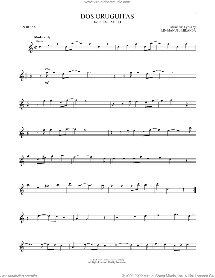Dos Oruguitas (from Encanto) sheet music for tenor saxophone solo by Lin-Manuel Miranda and Sebastian Yatra, intermediate skill level