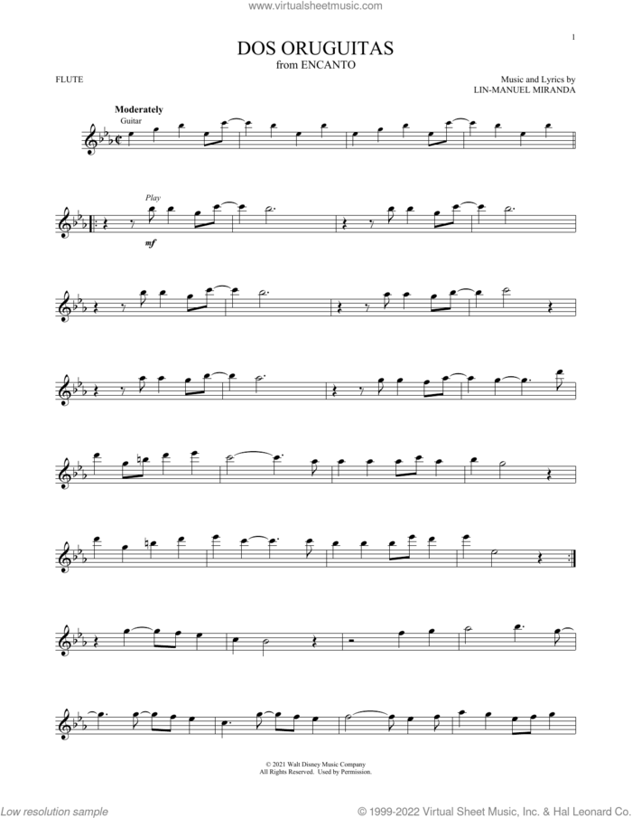 Dos Oruguitas (from Encanto) sheet music for flute solo by Lin-Manuel Miranda and Sebastian Yatra, intermediate skill level