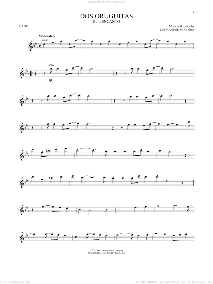 Dos Oruguitas (from Encanto) sheet music for flute solo by Lin-Manuel Miranda and Sebastian Yatra, intermediate skill level