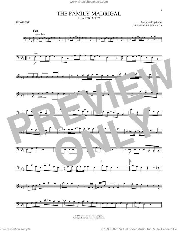 The Family Madrigal (from Encanto) sheet music for trombone solo by Lin-Manuel Miranda and Stephanie Beatriz, Olga Merediz & Encanto Cast, intermediate skill level