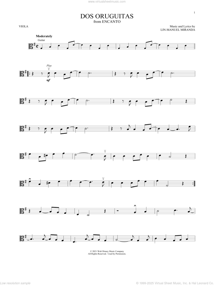 Dos Oruguitas (from Encanto) sheet music for viola solo by Lin-Manuel Miranda and Sebastian Yatra, intermediate skill level