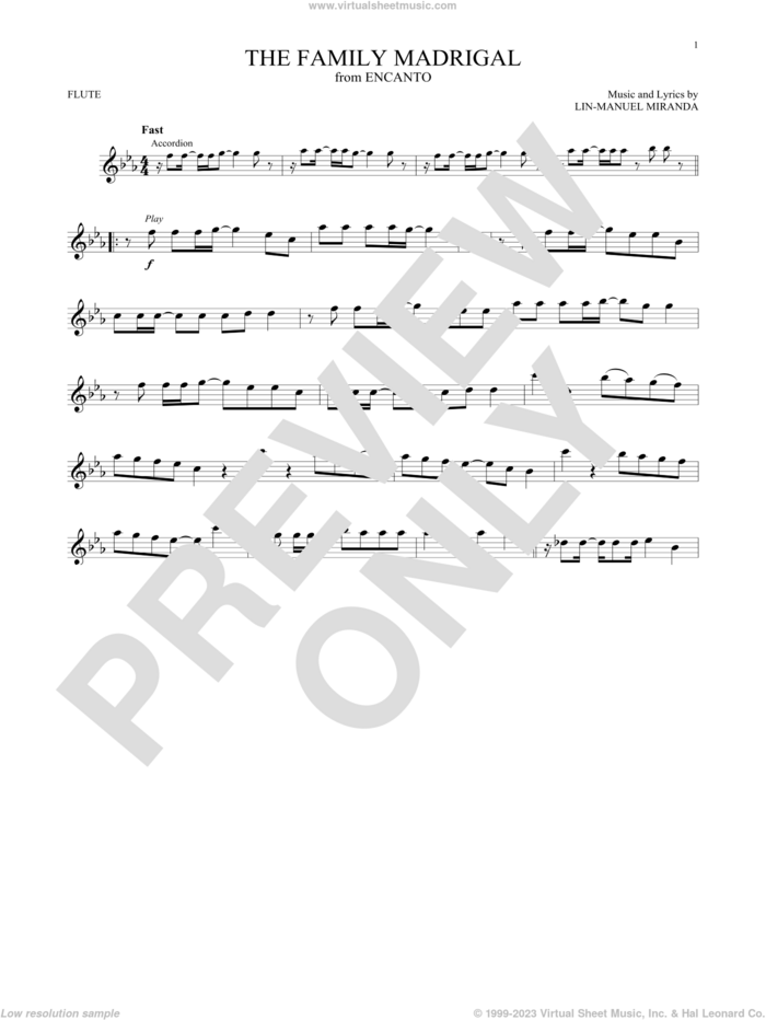 The Family Madrigal (from Encanto) sheet music for flute solo by Lin-Manuel Miranda and Stephanie Beatriz, Olga Merediz & Encanto Cast, intermediate skill level