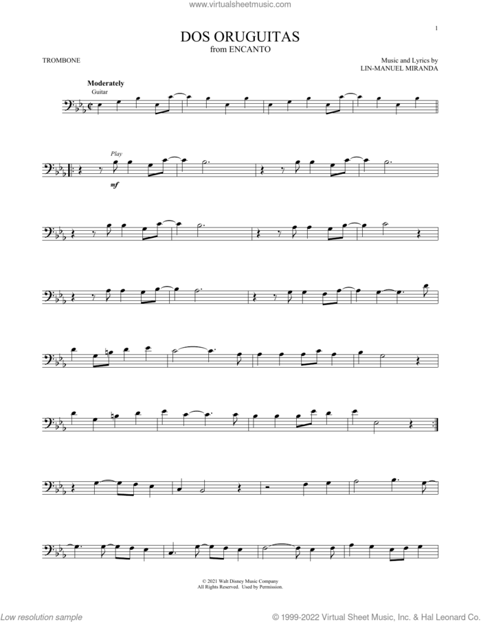 Dos Oruguitas (from Encanto) sheet music for trombone solo by Lin-Manuel Miranda and Sebastian Yatra, intermediate skill level