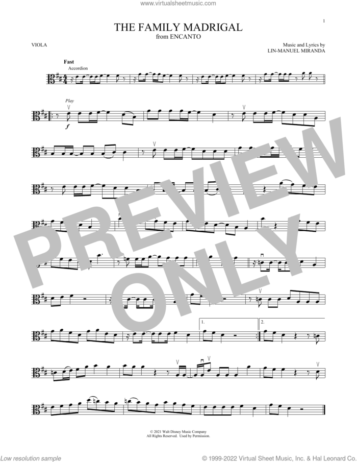 The Family Madrigal (from Encanto) sheet music for viola solo by Lin-Manuel Miranda and Stephanie Beatriz, Olga Merediz & Encanto Cast, intermediate skill level