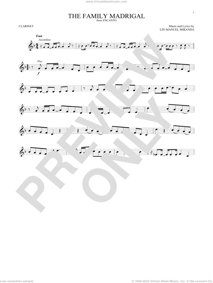 The Family Madrigal (from Encanto) sheet music for clarinet solo by Lin-Manuel Miranda and Stephanie Beatriz, Olga Merediz & Encanto Cast, intermediate skill level
