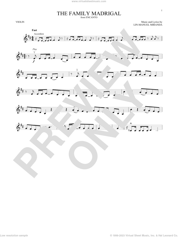 The Family Madrigal (from Encanto) sheet music for violin solo by Lin-Manuel Miranda and Stephanie Beatriz, Olga Merediz & Encanto Cast, intermediate skill level