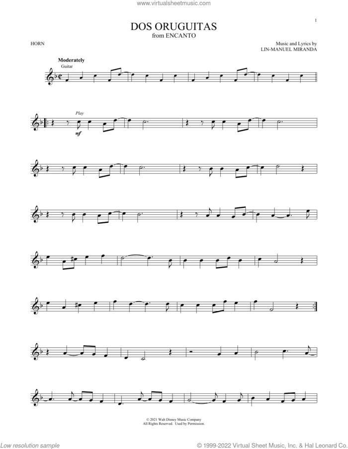 Dos Oruguitas (from Encanto) sheet music for horn solo by Lin-Manuel Miranda and Sebastian Yatra, intermediate skill level