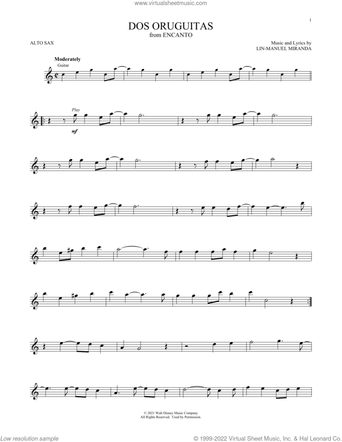 Dos Oruguitas (from Encanto) sheet music for alto saxophone solo by Lin-Manuel Miranda and Sebastian Yatra, intermediate skill level