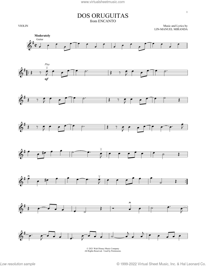 Dos Oruguitas (from Encanto) sheet music for violin solo by Lin-Manuel Miranda and Sebastian Yatra, intermediate skill level