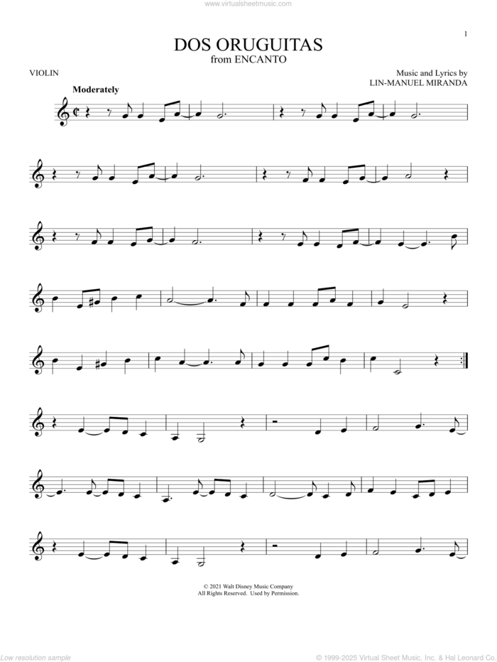 Dos Oruguitas (from Encanto) sheet music for violin solo by Lin-Manuel Miranda and Sebastian Yatra, intermediate skill level